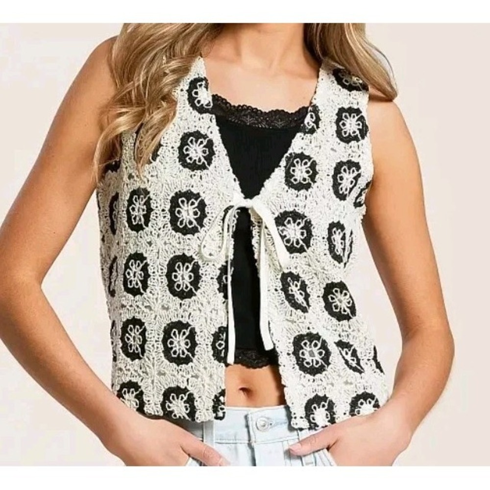 NWT Willow + Root Crochet Stitch‎ Vest Site XS Lined Festival Boho Neutral Tie